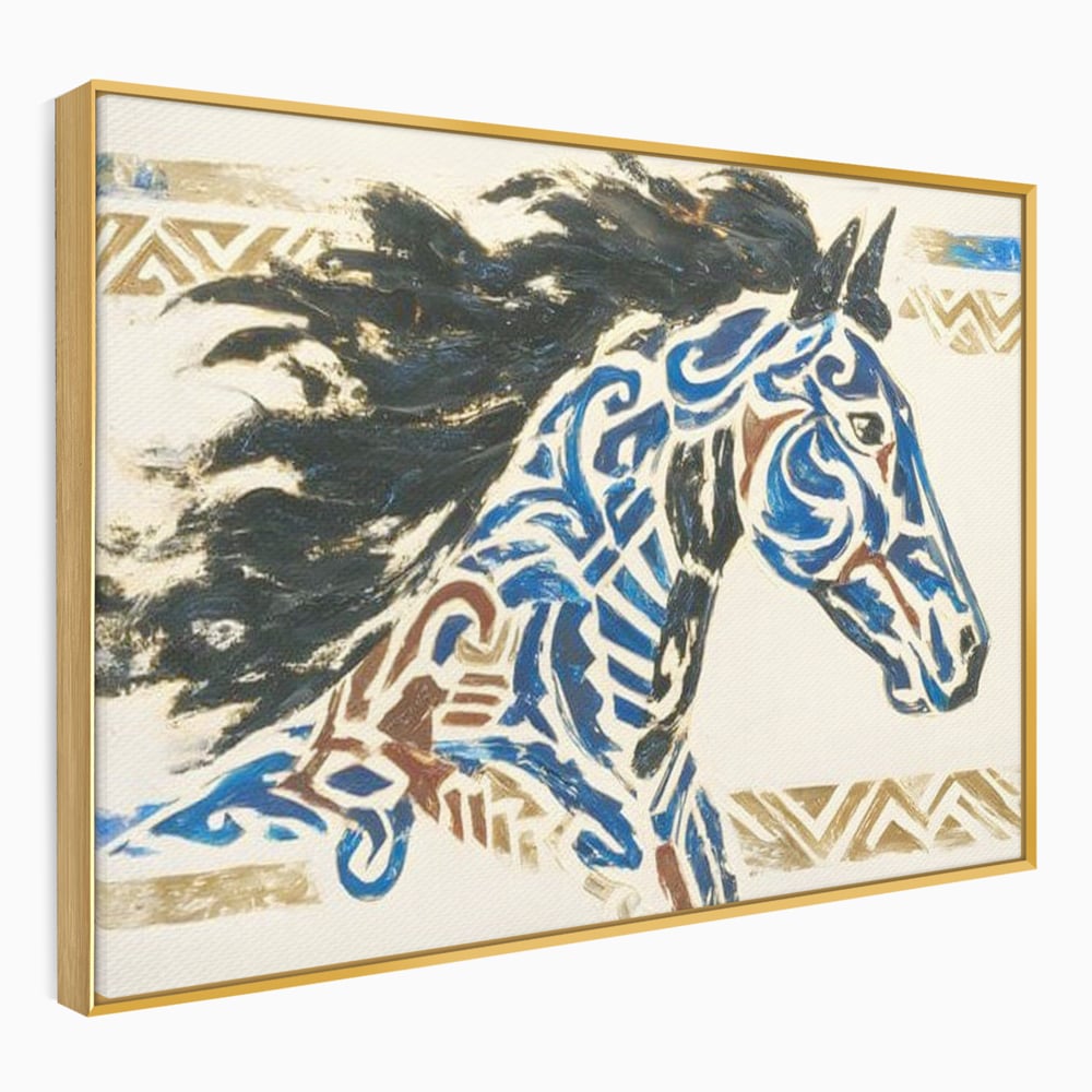 Tablou canvas cu tablou canvas cu un cal in galop, in rama de aluminiu auriu
